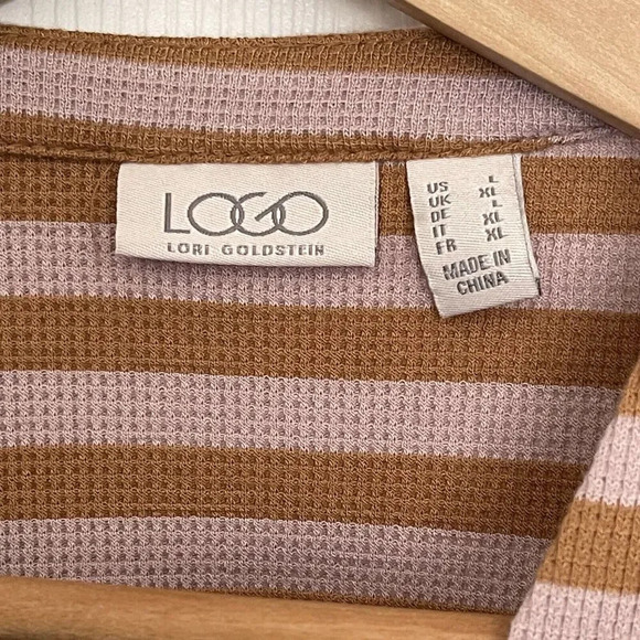 LOGO by Lori Goldstein Waffle Knit Cardigan Stripe Lace Trim Size Large - Picture 5 of 6